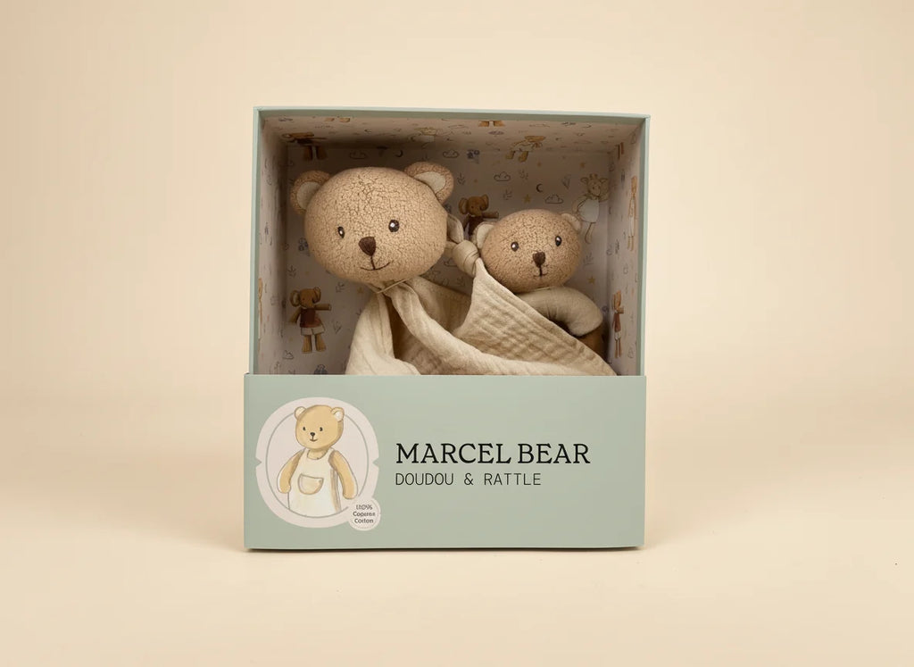 Marcel the bear doudou and rattle gift set