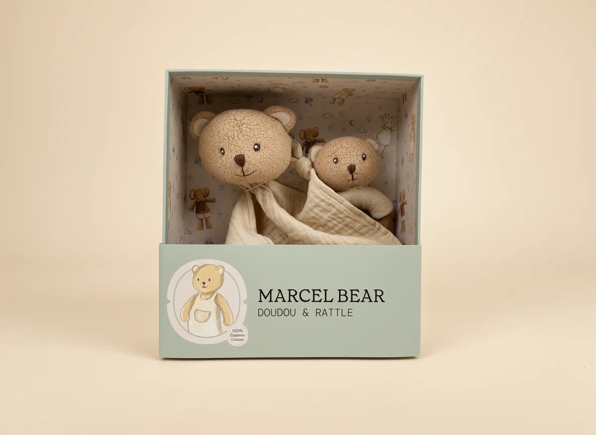 Marcel the bear doudou and rattle gift set