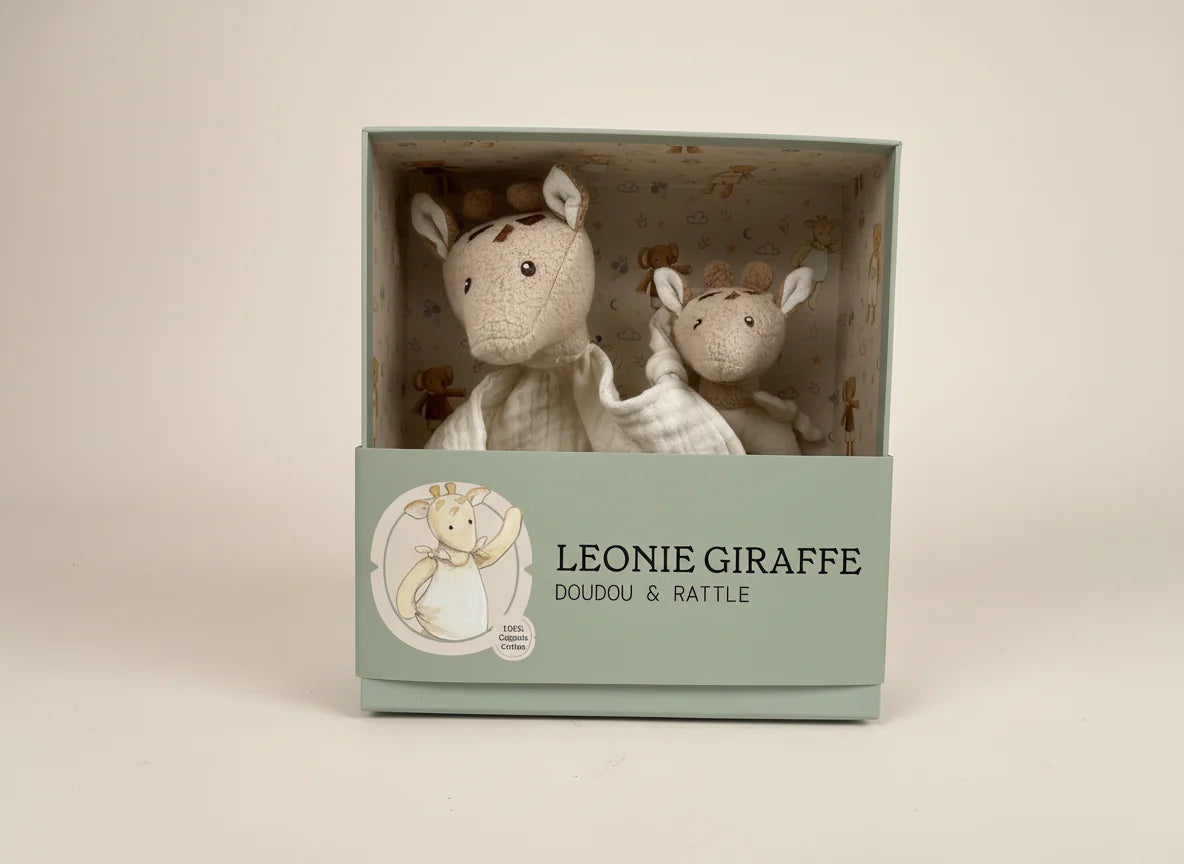 Leonie the giraffe doudou and rattle gift set