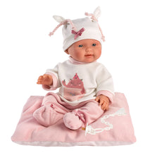 Muñeco Llorens articulado 26 cm - Recién Nacidos muy suaves - Bebita Say Boo Boo! con cojín