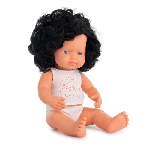 Muñeca bebé caucásica pelo negro rizado niña 38cm