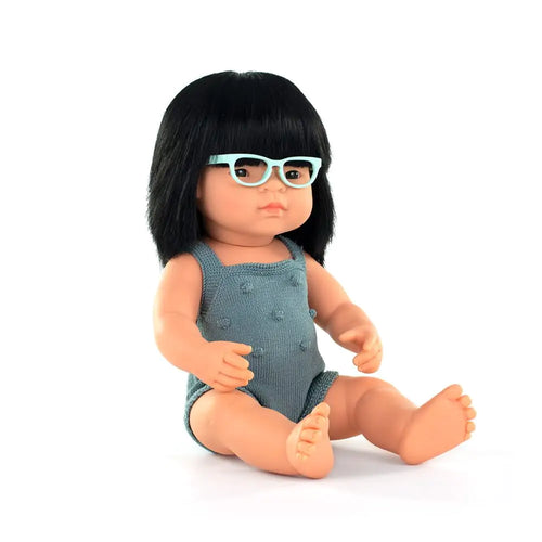 Muñeca asiática con gafas 38 cm Pelele Plomo