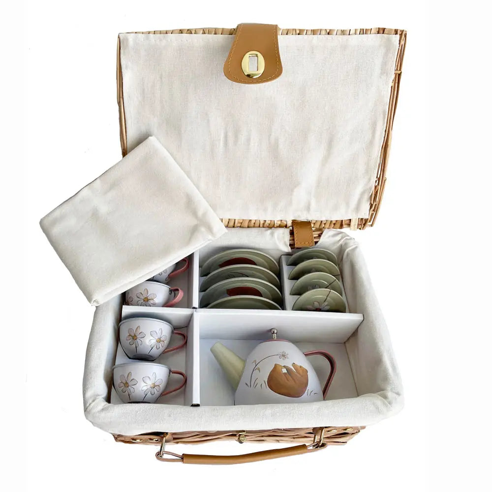 Forest Tin Tea Set in a Wicker Basket