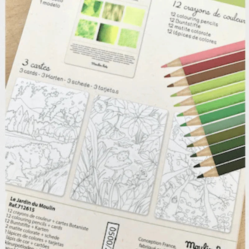 12 lápices de colores + tarjetas El jardín del molino