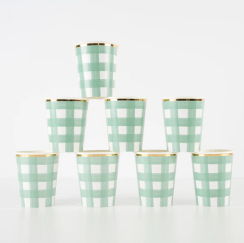 Green Gingham Cups (x 8)