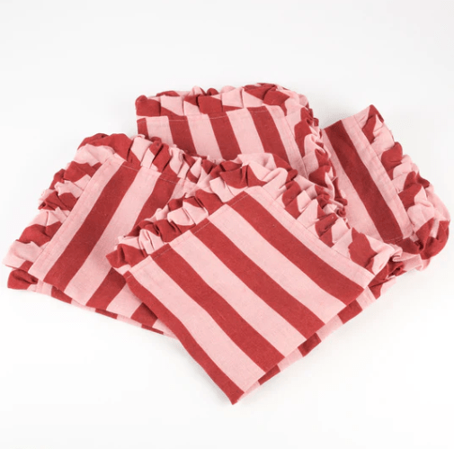 Red & Pink Stripe Ruffle Fabric Napkins (x 4)