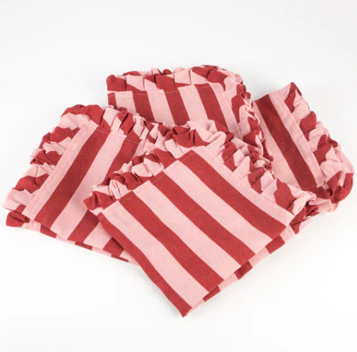 Red & Pink Stripe Ruffle Fabric Napkins (x 4)